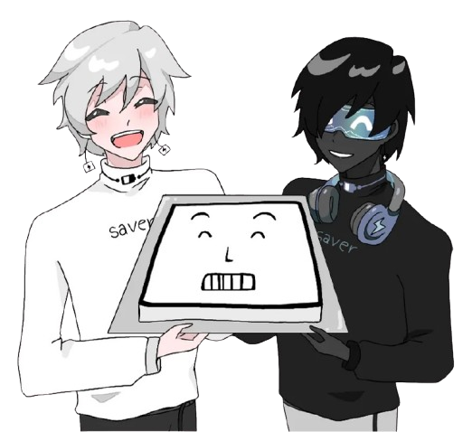 The light-mode and dark-mode saver characters proudly holding a happy laptop together
