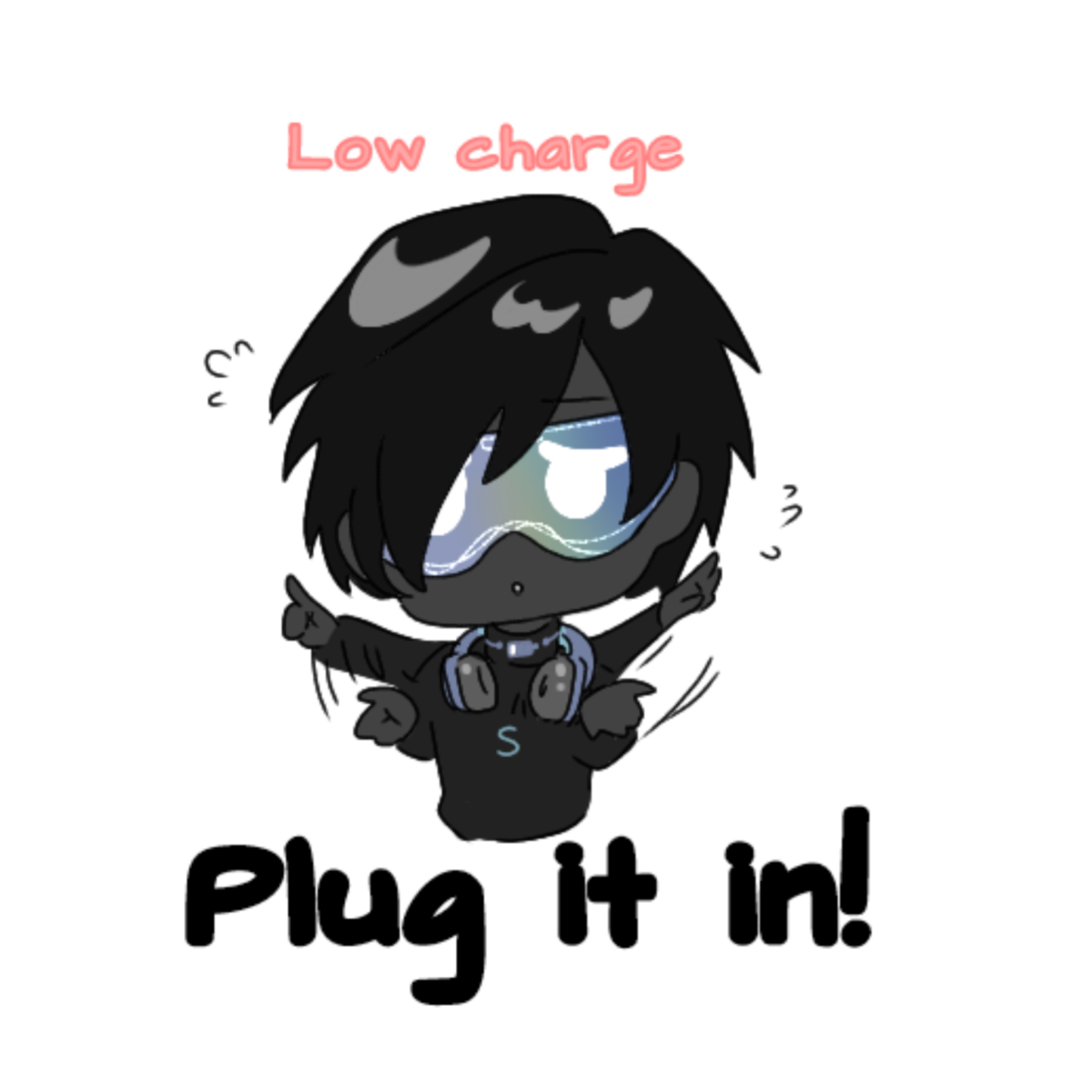 Chibi dark-mode saver with glowing visor and the message: Low charge — plug it in!