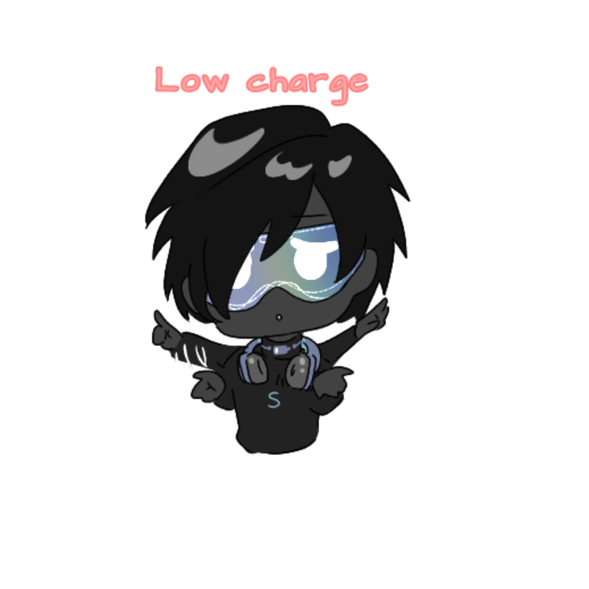 Chibi dark-mode saver with glowing visor and the message: Low charge — plug it in!