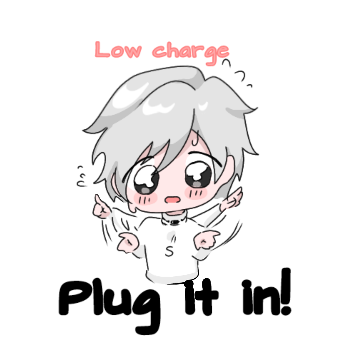 Chibi light-mode saver waving urgently with the message: Low charge — plug it in!